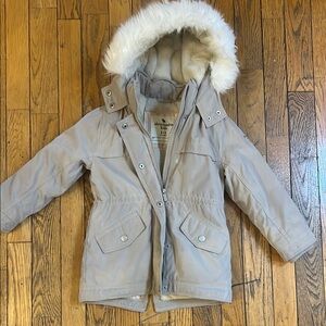 Kids Beige Hooded Jacket with Faux Fur Trim